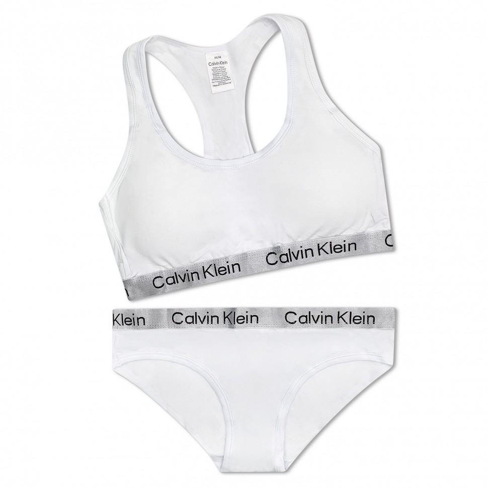 Женский комплект Calvin Klein с чашечками белый с серебряной резинкой: топ и плавки CA2