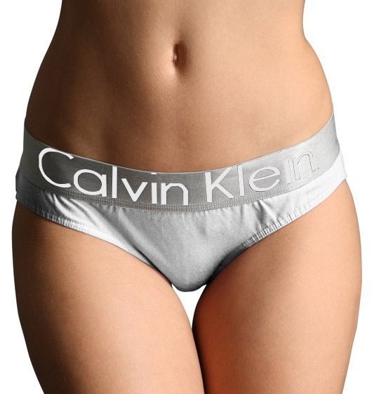 Женские трусы (плавки) Calvin Klein белые с серебряной резинкой Steel B015