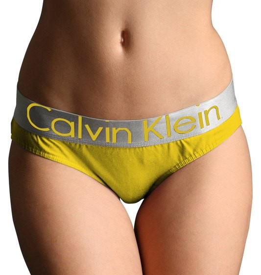 Женские трусы (плавки) Calvin Klein желтые с серебряной резинкой Steel B019