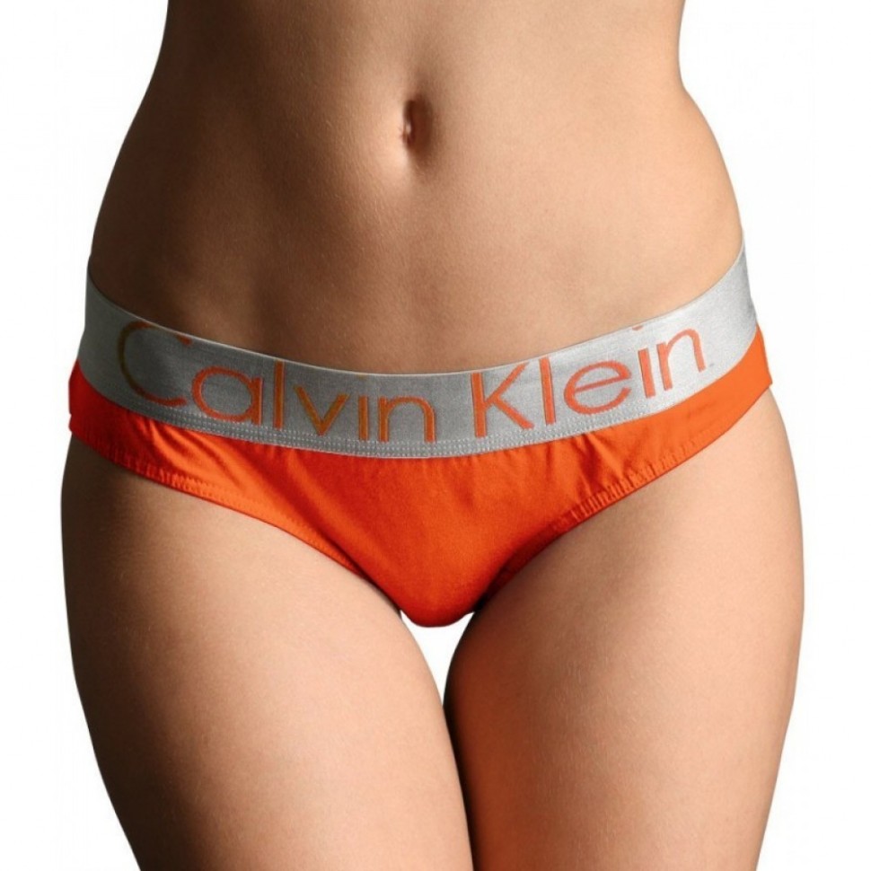 Женские трусы (плавки) Calvin Klein оранжевые с серебряной резинкой Steel B020