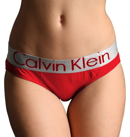 Женские трусы (плавки) Calvin Klein красные с серебряной резинкой Steel B021
