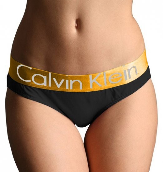 Женские трусы (плавки) Calvin Klein черные с золотой резинкой Steel B025