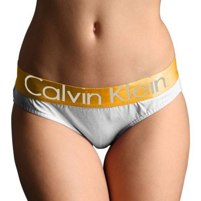 Женские трусы (плавки) Calvin Klein белые с золотой резинкой Steel B026